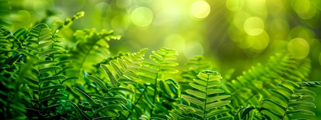 Fresh green fern leaves with sun flares