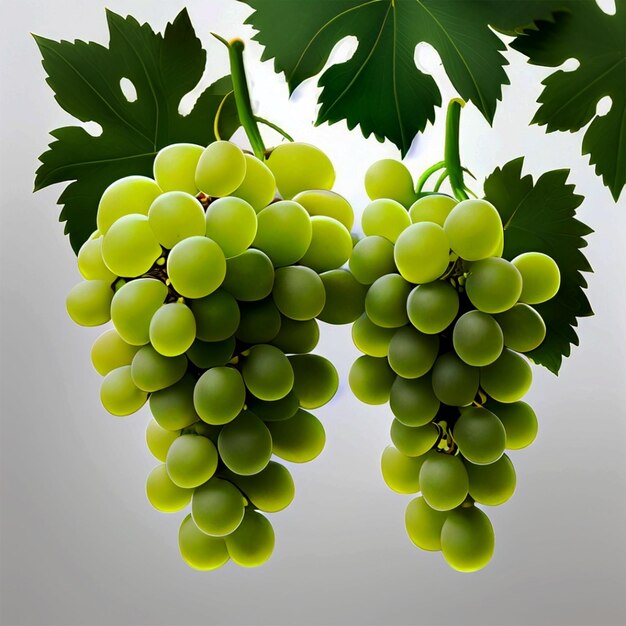 The fresh green grapes are still in the stems and leaves