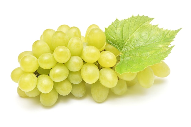 Fresh green grapes branch with leaf isolated on white background Creative concept of fruit Flat lay top view