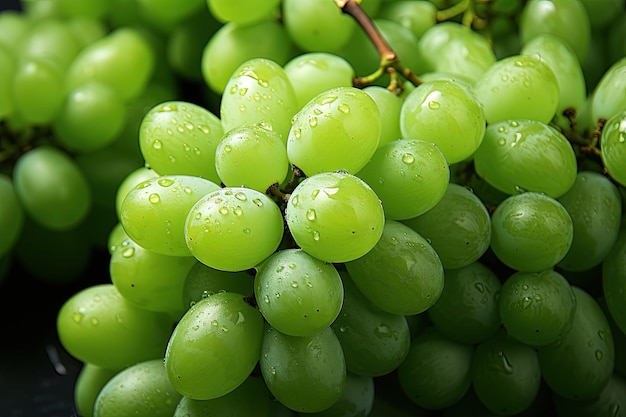 Fresh Green Grapes Bunch on the Tree Waterdrop Wet Leaf Raw Food Photography