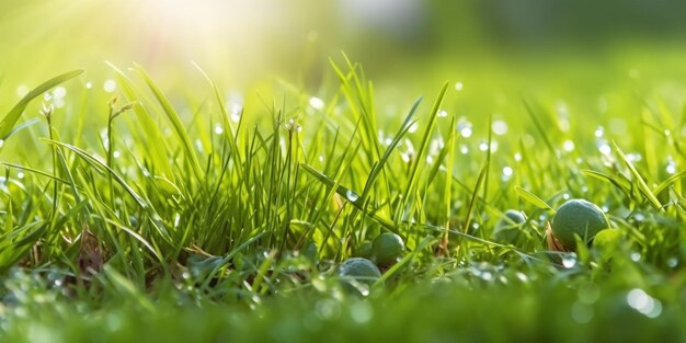 Свежая зеленая трава баннер утренний солнечный свет Красивая природа крупным планом полевой пейзаж AI Сгенерировано