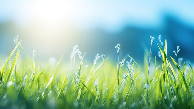 Fresh green grass and bright blue sky banner morning sunlight Beautiful nature closeup field landscape with Abstract panoramic natural plants spring summer bright botany meadow grass banner