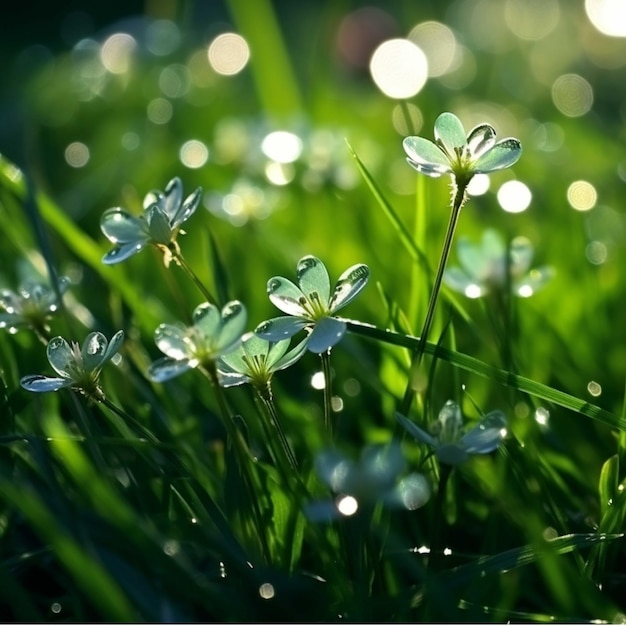 Fresh green grass with dew drops and bokeh background