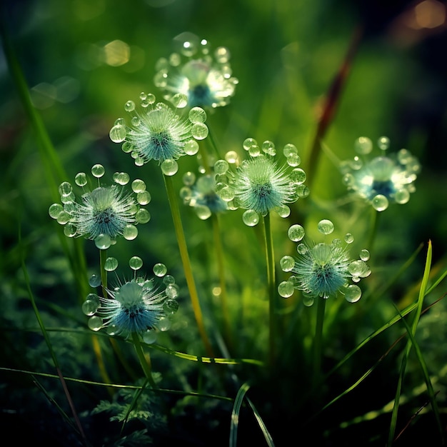 Fresh green grass with dew drops and bokeh background