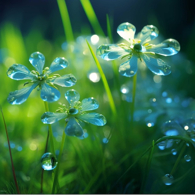 Fresh green grass with dew drops and bokeh background