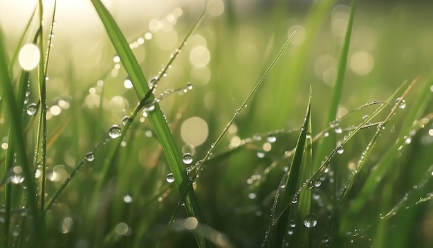 Fresh green grass with dew drops close up Nature background