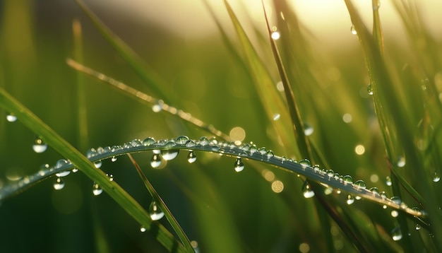 Fresh green grass with dew drops close up Nature background