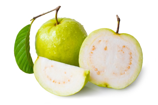 Fresh green Guava fruit with leaves isolated on the white background