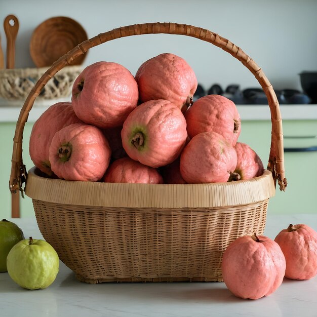 Photo fresh green guava full basket on table