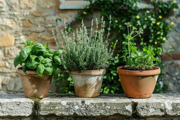 Photo fresh green herbs basil rosemary and cilantro in pots