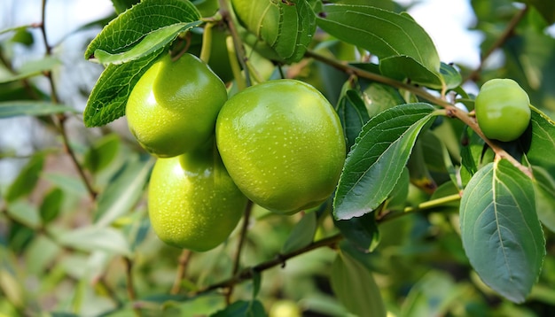 Fresh green jujube on jujube tree