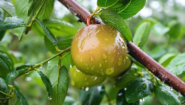 Photo fresh green jujube on jujube tree