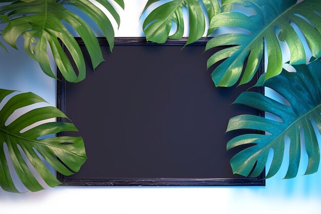 Fresh green jungle leaves in black frame Summer composition concept