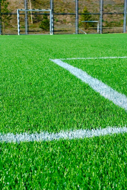 Fresh green lawn with markings on football field