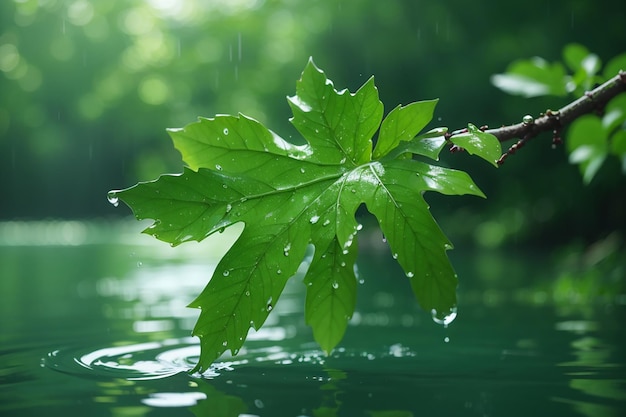 Fresh green leaf on wet branch refreshing water