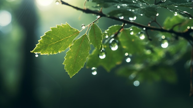 A fresh green leaf with dew drops glistening in the sunlight