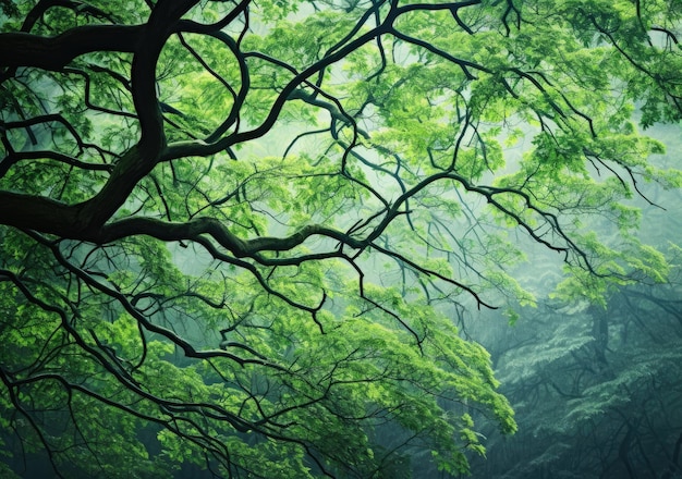 Fresh green leaves of beech trees in the foggy forest