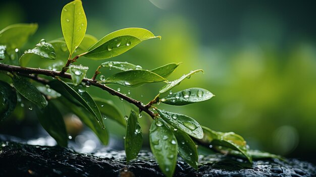 Fresh green leaves on black backgroundgenerative ai