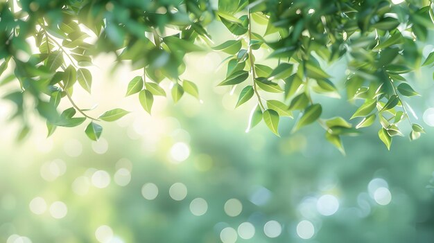 ボケと太陽の光のぼんやりした緑の背景に新鮮な緑の葉