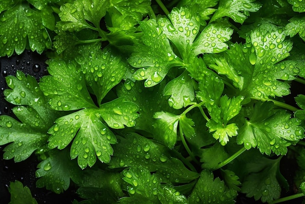 Свежие зеленые листья петрушки Cilantro, покрытые каплями воды