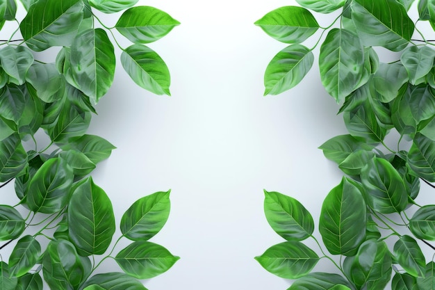 Fresh green leaves frame on white background with copy space for eco and nature concepts