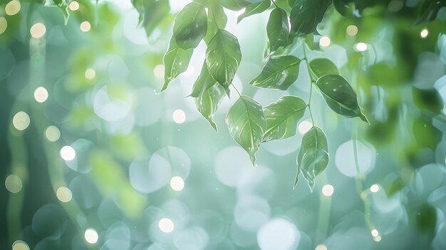 写真 ボケと太陽の光のぼんやりした緑の背景に新鮮な緑の葉