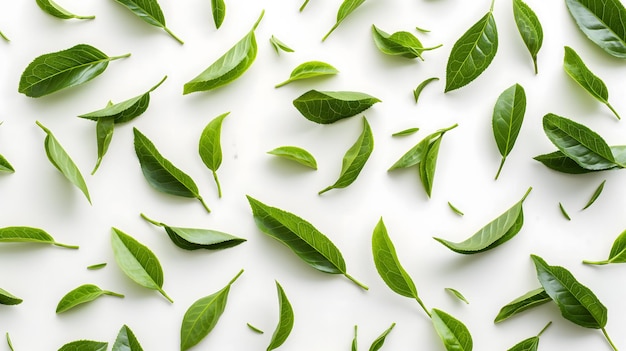 Photo fresh green leaves scattered on a white background