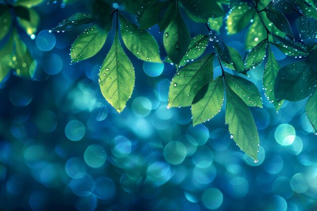 Photo fresh green leaves with dew drops and bokeh light effect