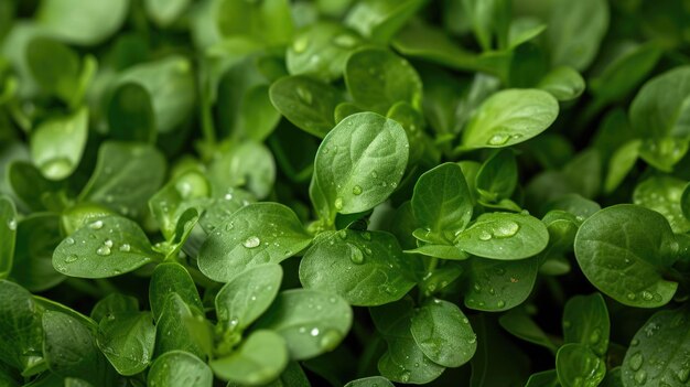 Fresh Green Leaves with Dew Drops