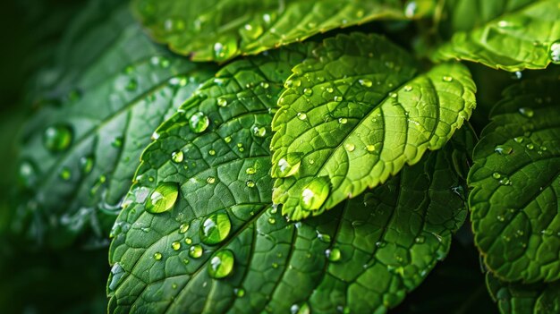 Fresh green leaves with water drops macro shot