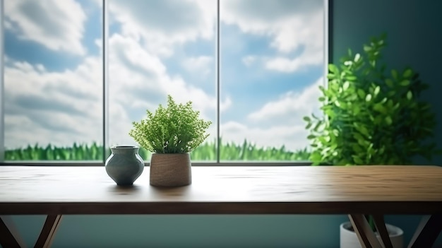 fresh green leaves on wooden table