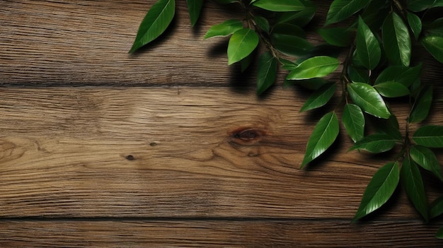 fresh green leaves on wooden table