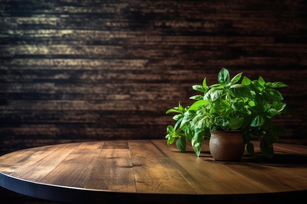 fresh green leaves on wooden table