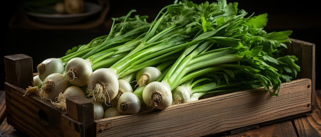 Fresh green leeks in a wooden crate