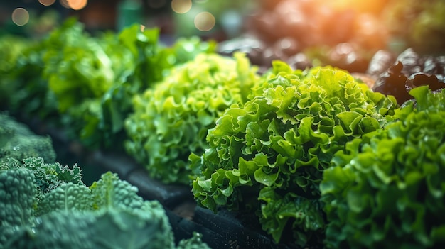 Fresh green lettuce leaves growing in vegetable garden with natural sunlight Concept of healthy organic farming nutrition and sustainable agriculture