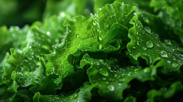 Photo fresh green lettuce leaves with water drops closeup natural background