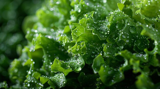 Fresh green lettuce leaves with water drops closeup Natural background