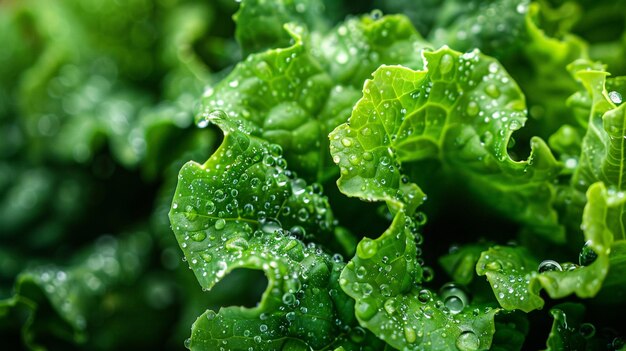 Fresh green lettuce leaves with water drops closeup Natural background