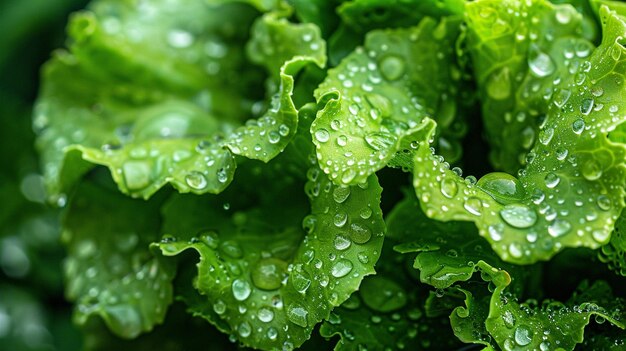 Fresh green lettuce leaves with water drops closeup Natural background