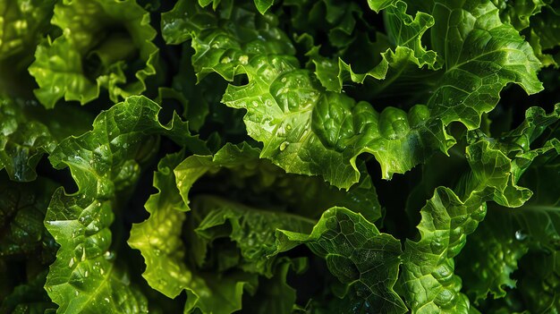 Fresh green lettuce leaves with water drops Closeup