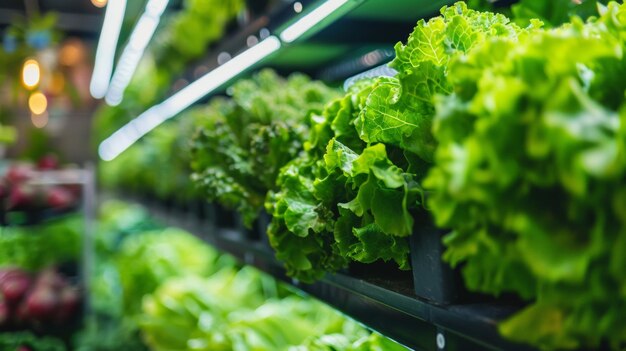 Foto la lattuga verde fresca prospera sotto le luci luminose del mercato che simboleggiano i prodotti biologici e la salute