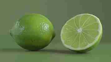 Photo fresh green lime isolated on green background the lime is cut in half showing the juicy interior