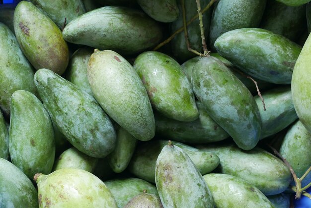 Fresh green mango on black background top down