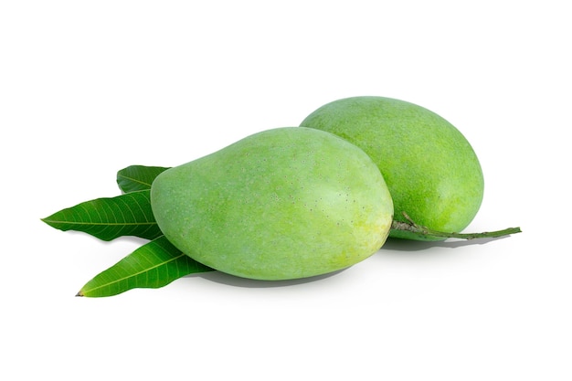 Fresh green mango and leaves isolated on white background