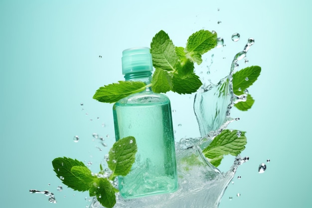 Свежая зеленая мятная бутылка для здоровья крупного плана здоровый напиток природа вода стеклянный фон