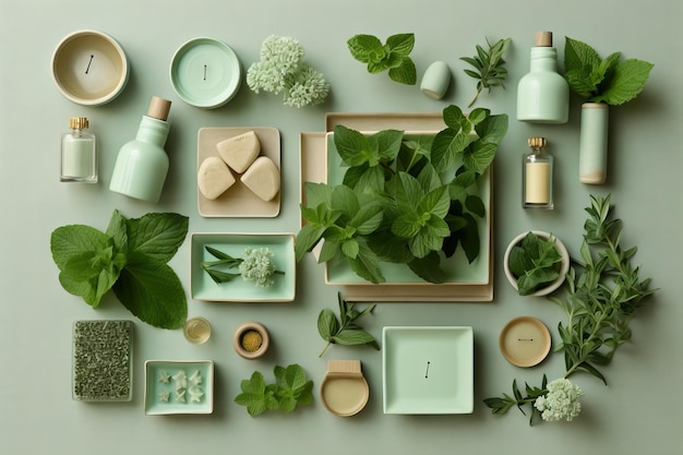 Fresh green mint leaves with accessories flat lay background Generative AI