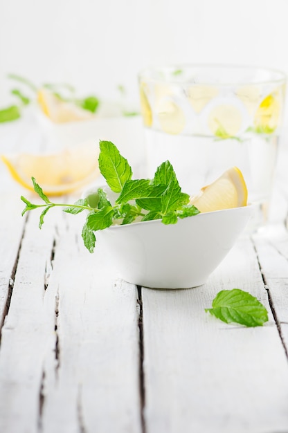 Fresh green mint on the wooden table