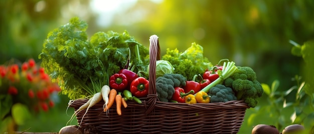 fresh green and mix colored vegetables in big basket in field green plants