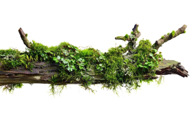 Fresh green moss on rotten branch isolated on white side view