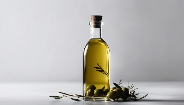 Photo fresh green olive oil in a transparent glass bottle nature condiment generated by artificial intelligence